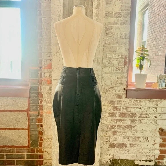 Winlit Womens Black Leather High Waisted Vintage Skirt Deadstock Size 9/10 - Picture 3 of 12